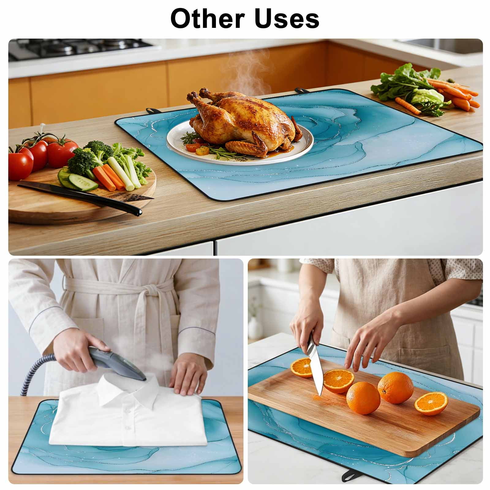 Marble Teal Blue Stove Top Cover for Electric Stove, Heat-proof & Non Slip Glass Top Stove Cover Protector, Modern Rose Floral Ink Art Silver Lines Kitchen Flat Cooktop Rubber Mat 24x21 Inches