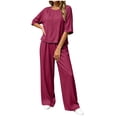 thumbnail image 2 of LEKWK Linen Sets for Women 2 Piece Short Sleeve Crewneck Summer Top and Loose Fit Wide Leg Pants Fashion Solid Lounge Beach Vacation Sets, 2 of 6
