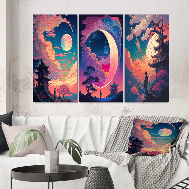 Designart "Ancient Legends Mythical Visions of Magic II" Abstract Landscape Wall Art Set Of 3 - Abstract Landscapes Pink Gallery Wall Set For Home Decor