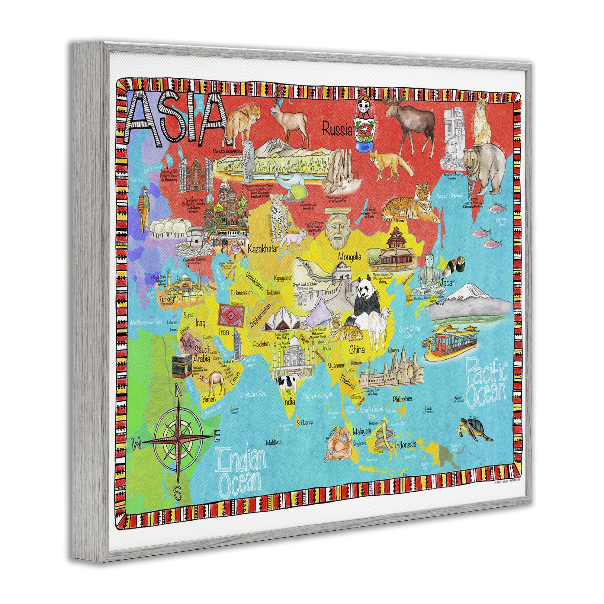 Stupell Industries Asian Animal Map Travel & Places Painting Gray Framed Art Print Wall Art, 14 x 11