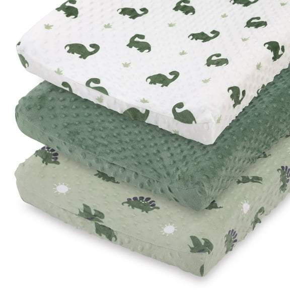 The Peanutshell Green Dino Plush Baby Changing Pad Covers for Newborns, 3-Pack