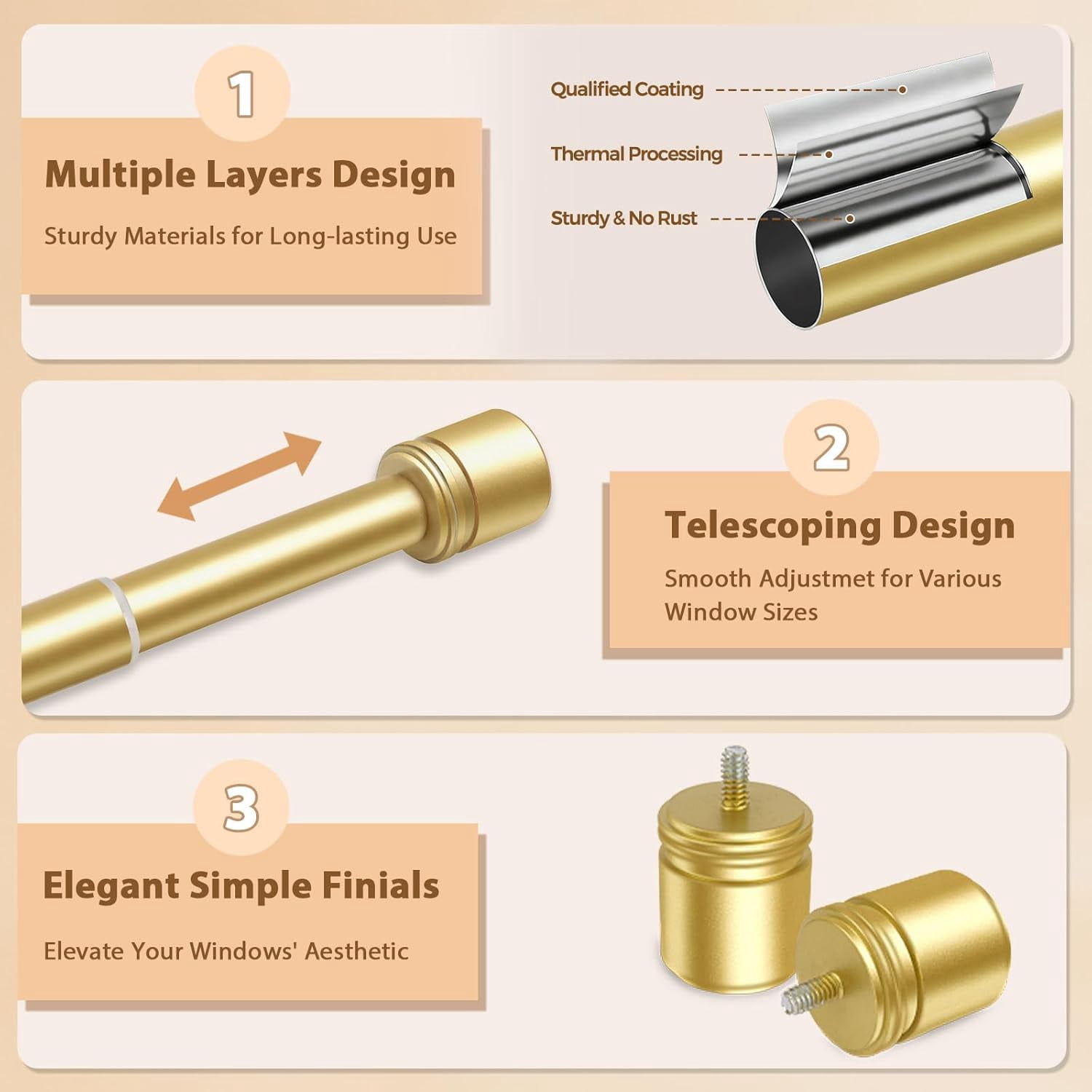 Double Curtain Rod 72 to 144 Inch,  1 Inch Heavy Duty Double Curtain Rods for Windows 60 to 140 Inches(5-11.6 ft), Telescoping Drapery Rod with Simple End Finials, Gold