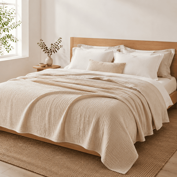 01 Linen Beige King - 108"x90" 6-Layer Cotton Muslin All Season Bed Blanket