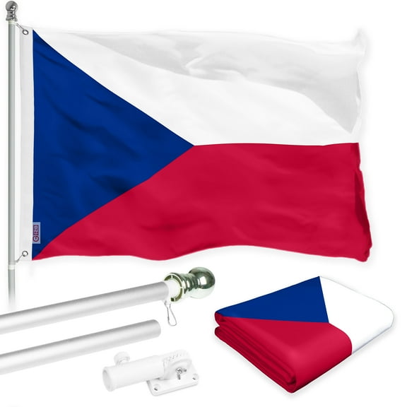 G128 Combo Pack: 6 Ft Tangle Free Spinning Flagpole (Silver) & Czech Republic Flag 3x5 Ft Printed 150D Polyester, Brass Grommets (Flag Included) Aluminum Flag Pole