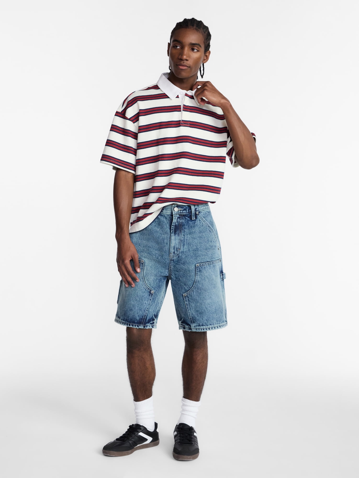 No Boundaries Striped Rugby Shirt with Short Sleeves, Men's XS-4XLT