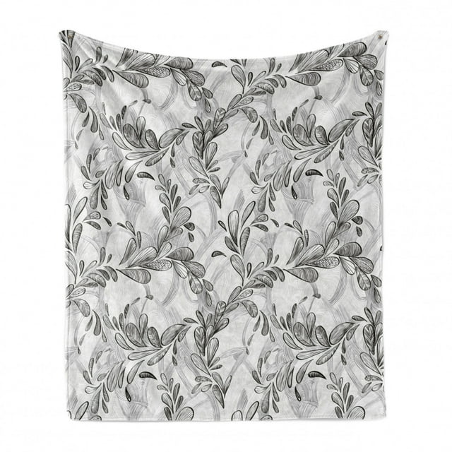 Grunge Soft Flannel Fleece Blanket, Monochrome Line Art Style Leaves Natural Floral Pattern Sketchy Modern Design, Cozy Plush for Indoor and Outdoor Use, 50" x 70", Black Grey White, by Ambesonne