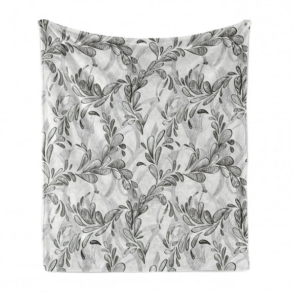 Grunge Soft Flannel Fleece Blanket, Monochrome Line Art Style Leaves Natural Floral Pattern Sketchy Modern Design, Cozy Plush for Indoor and Outdoor Use, 50" x 70", Black Grey White, by Ambesonne