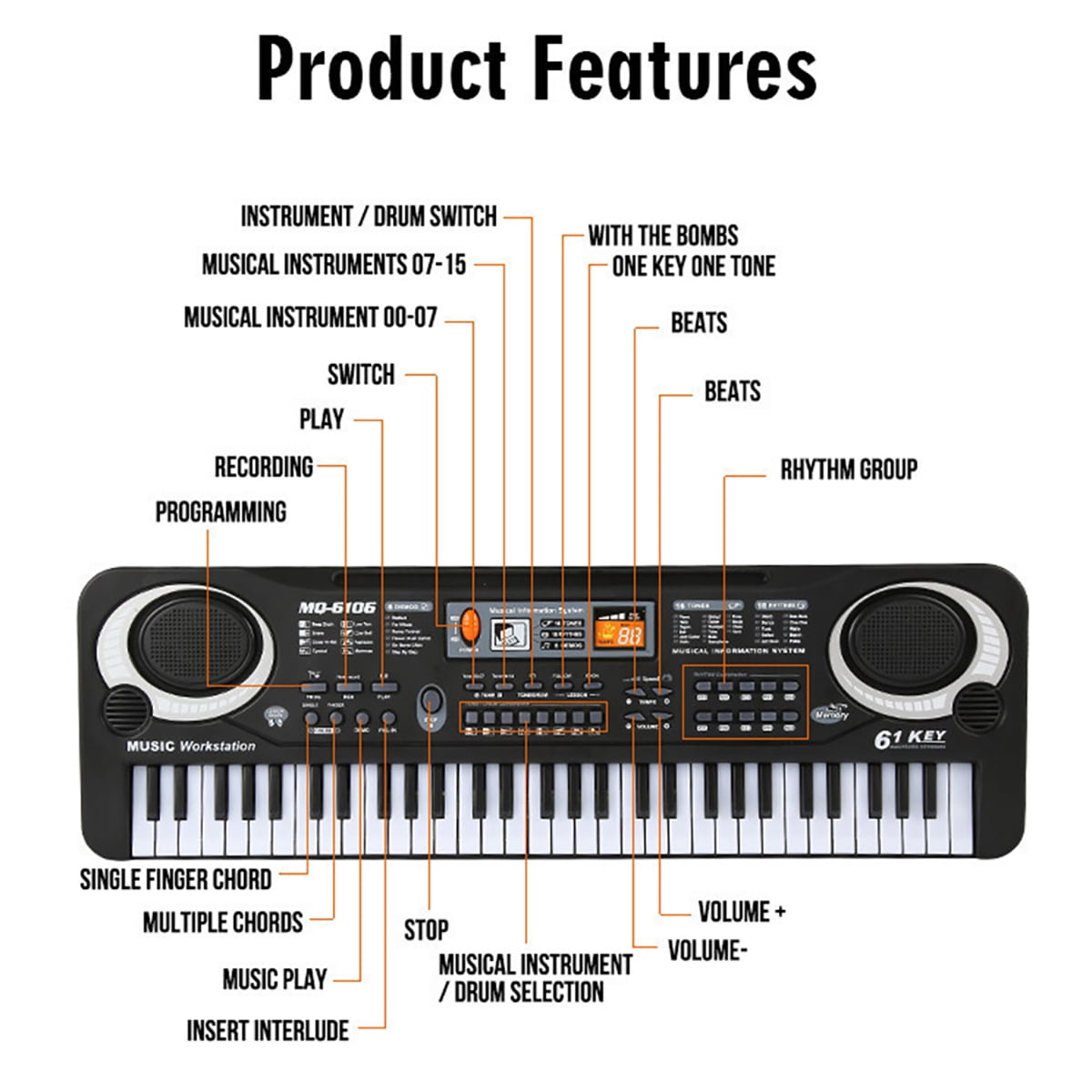 Hvxrjkn 61 Key Keyboard Piano, Digital Electronic Musical Keyboard, for Beginner Electric Piano Keyboard Set with USB cable, Microphone - Black