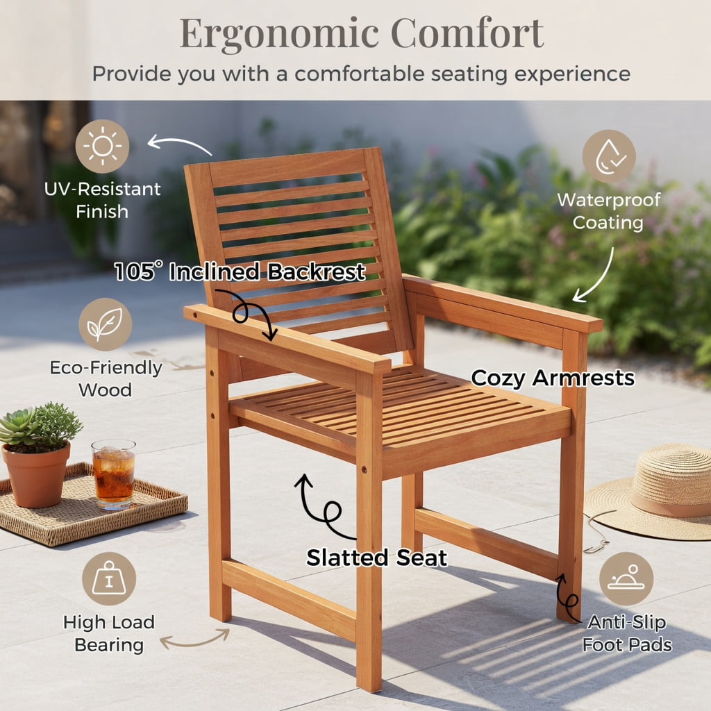 Hommoo 2-Piece Wood Patio Chair Set with Ergonomic 105° Backrest, Slatted Breathable Seat & Rustic Outdoor Design for Deck, Porch, Garden & Backyard, Natural