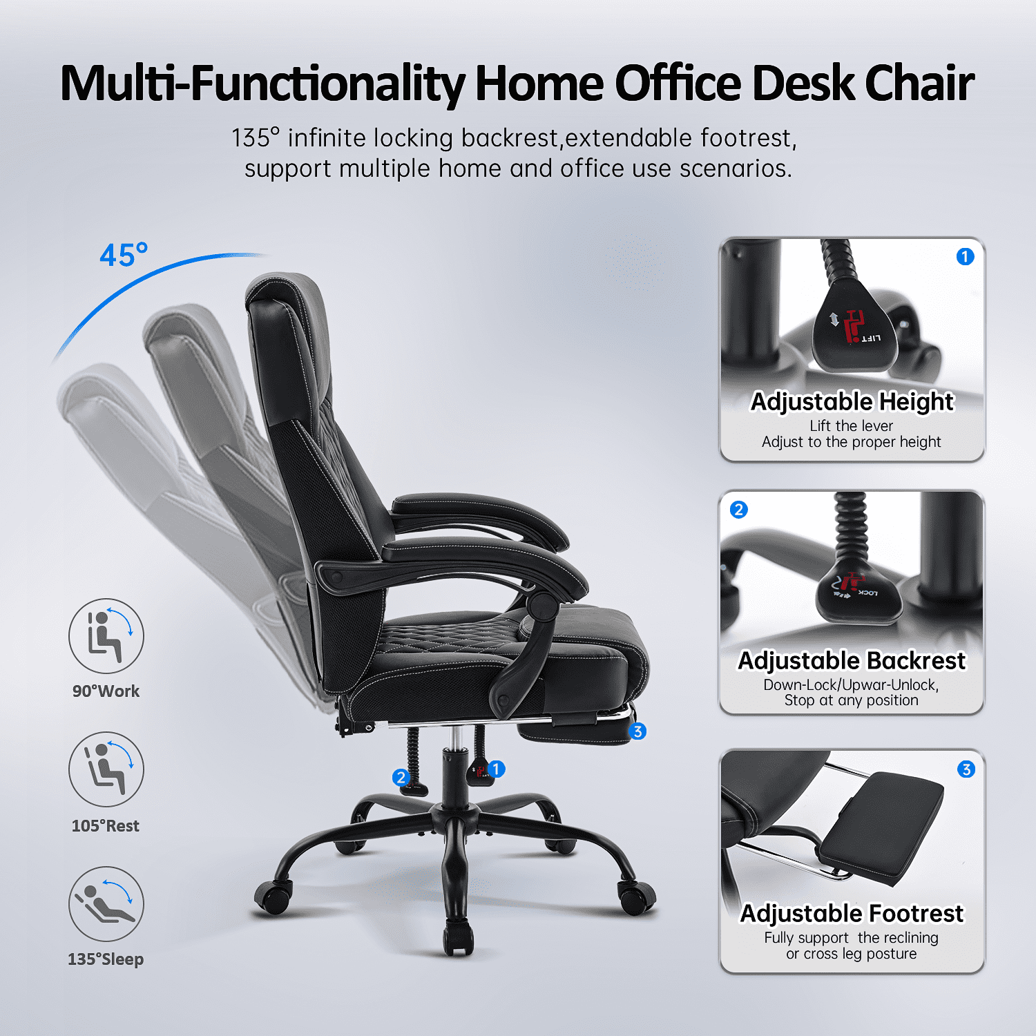 TMV 10-Position Adjustable Office Chair, Reclining Work Chair with Lumbar Support with Desk Foot Rest，Black