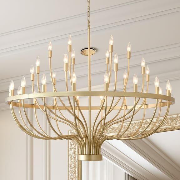 33 Lights Gold Chandelier Modern Farmhouse Pendant Lighting - Adjustable Height Antique Brass Ceiling Light for Dining Room, Foyer, Entryway, Living Room
