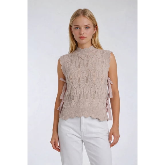 Forever 21 Sleeveless Side-Tie Crochet Knit Top, Color-Beige/Pink, Size-Xs