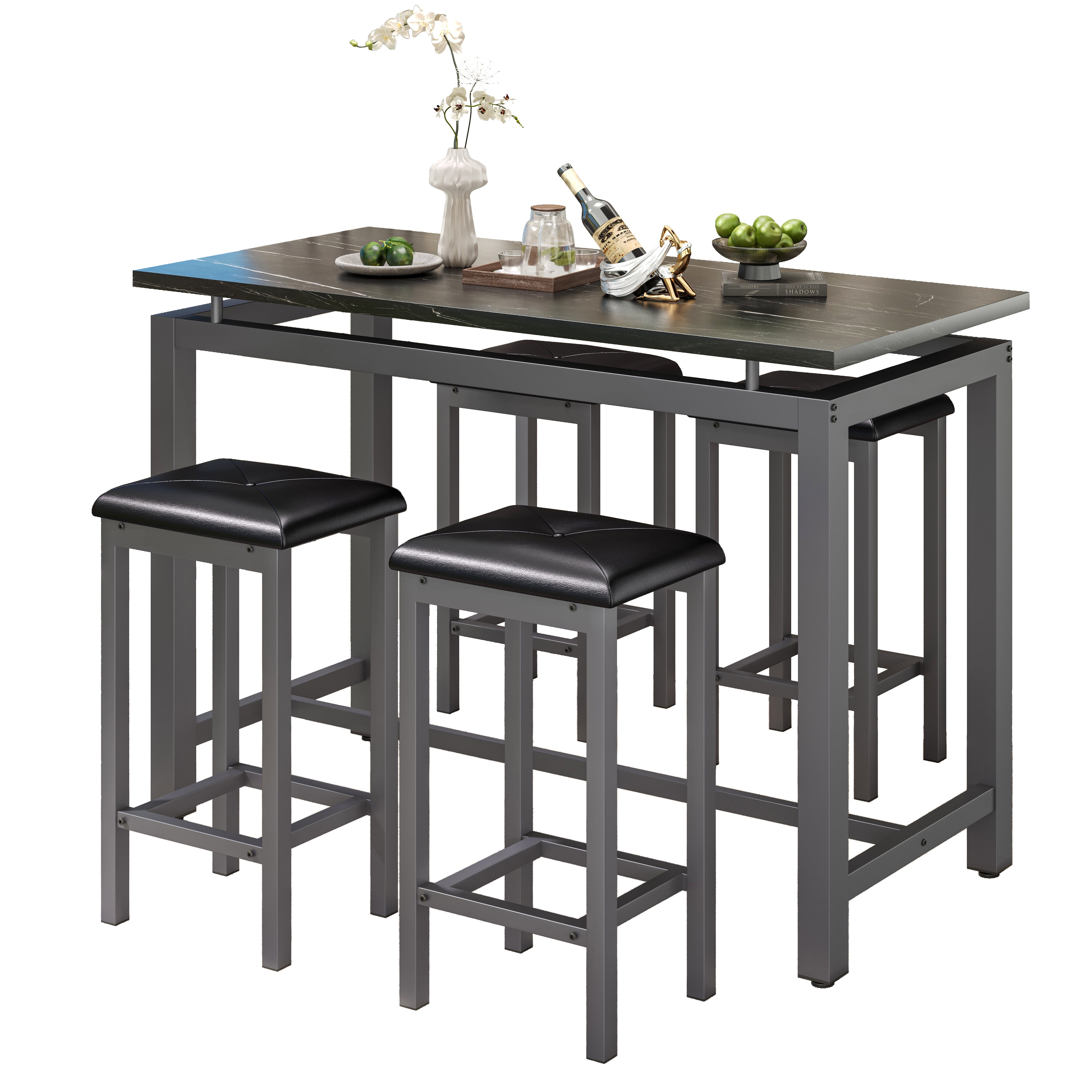 Counter Height Table Set of 5, Breakfast Bar Table and Stool Set, Minimalist Dining Table with Backless Stools, Wood Top Pub Table & Chair Set for Kitchen Apartment Bistro - Space Saving