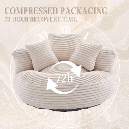 Oversized Bean Bag Chair with Armrest & 3 Pillows, Corduroy Bean Bag Sofa for Adults, High-Density Memory Foam Filling, Lazy Lounger for Bedroom, Living Room, Dorm, Beige