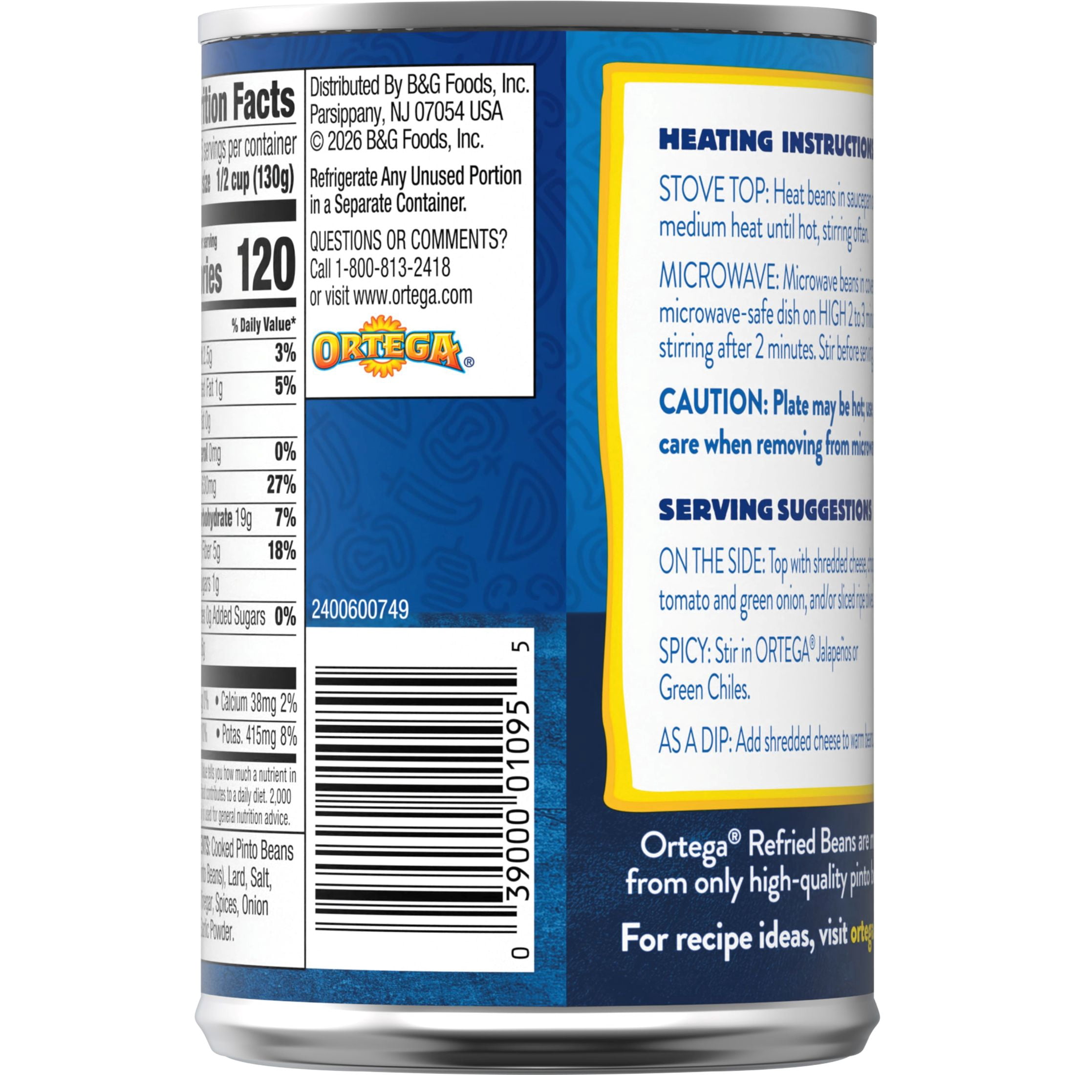 (6 pack) Ortega Traditional Refried Pinto Beans, Gluten Free, 16 oz (Canned)