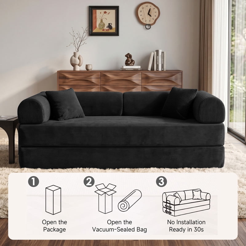 Anpport 78.8" Compression Boneless Sectional Sofa, Convertible Floor Sleeper Bed with Pillow Back Armrest, Corduroy Fabric, Black, for Living Room Bedroom