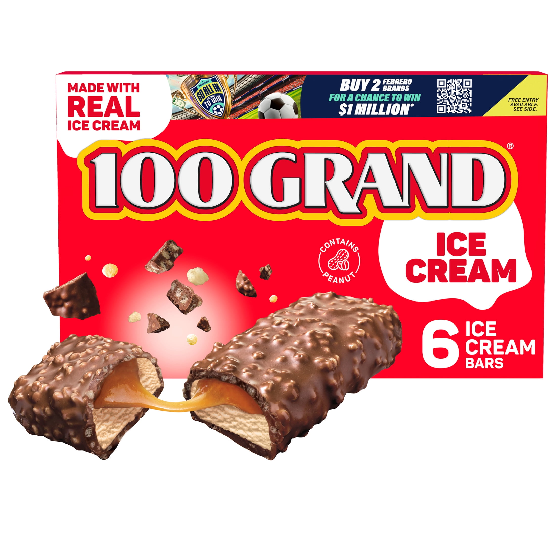 100 Grand Ice Cream Bars with Caramel, Crispy Crunchies & Chocolatey Coating, 6 pack, Frozen Dessert