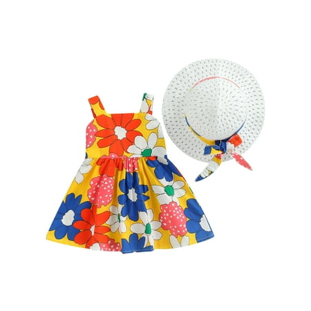 

Sunisery Kid Girl Dress Outfits Sleeveless Flower Printed Back Big Bow-Knot Decor Backless Dress with Wide Brim Hat Set