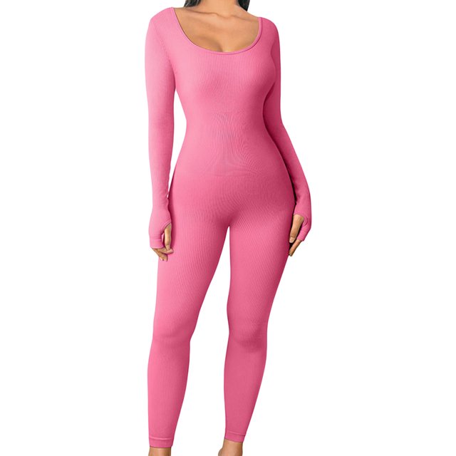 WIFORNT Combinaison une Pièce pour Femmes, Manches Longues Col Rond Couleur Unie Bodycon Pantalon