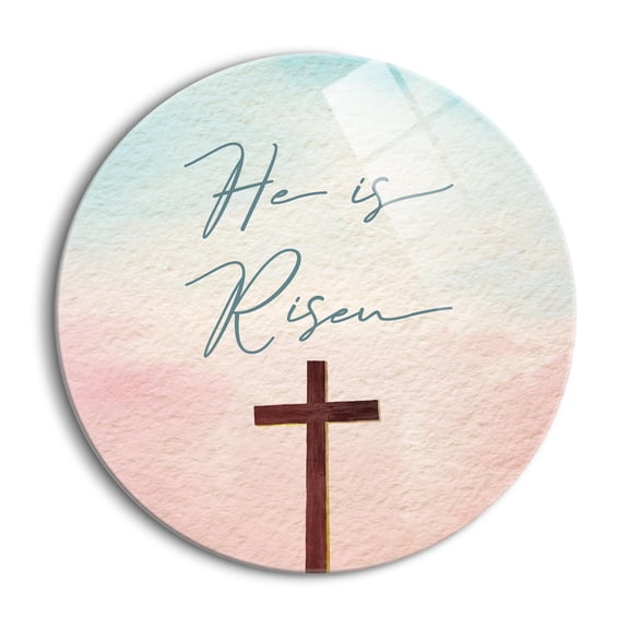 He Is Risen Cross Pink Fade Blue 24 inch Glass Wall Hanging Sign