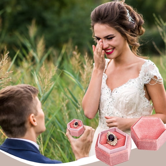 QIQUWOHUL Gorgeous Antique Jewelry Ring Box Velvet Ring Box Hexagon Single Ring Box Premium Vintage Double Ring Holder For Proposal Engagement Wedding Photoshoots