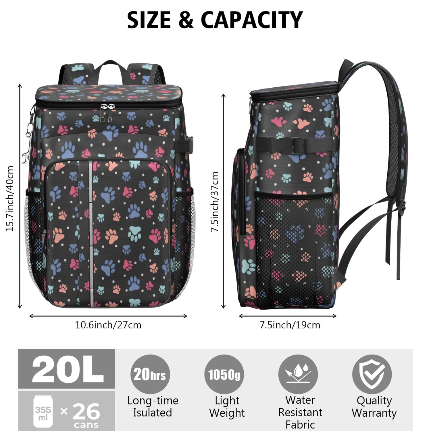 Travel Cooler Bag - Black Dog Paw Footprint Camping Beer Cooler Backpack with Bottle Opener- Waterproof Insulated Picnic Backpacks - Cooler Bag for Beach
