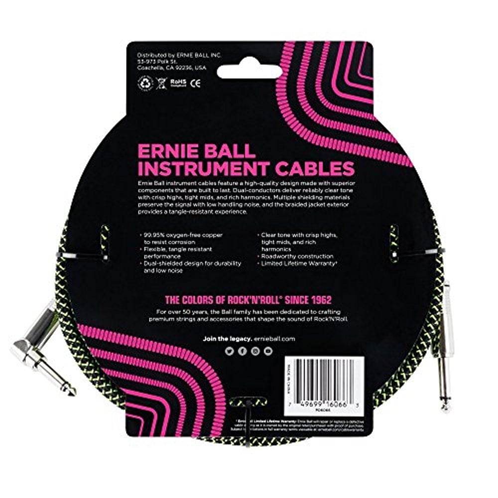 Ernie Ball 25' Braided Straight / Angle Instrument Cable - Black / Green
