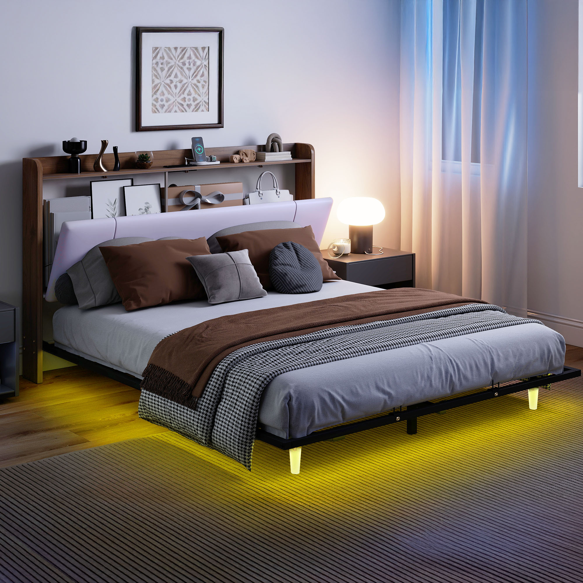 Uforic Beige King Bed Frame with LED Lighting, Contemporary Upholstered Platform Bed Frame, Floating Bed Frame with Charging Station, Box Spring Not Needed