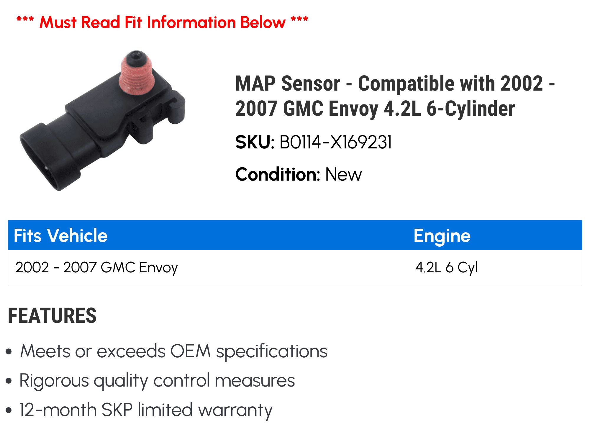 MAP Sensor - Compatible with 2002 - 2007 GMC Envoy 4.2L 6-Cylinder 2003 2004 2005 2006
