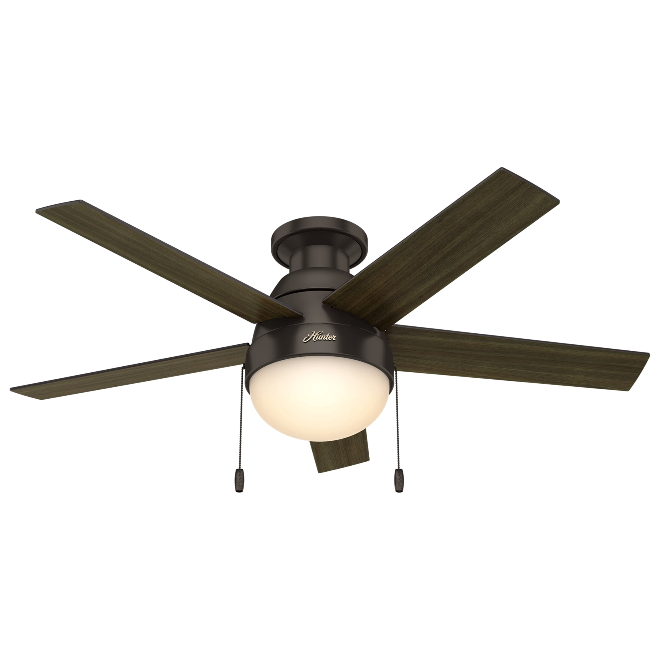 Hunter 46 inch Indoor Ceiling Fan with LED Light - Bronze Ceiling Fan with Pull Chain, For Bedroom, Living Room, or Kitchen, Low Profile Mount, No Remote, 5 Blades - Anslee 59268, Premier Bronze