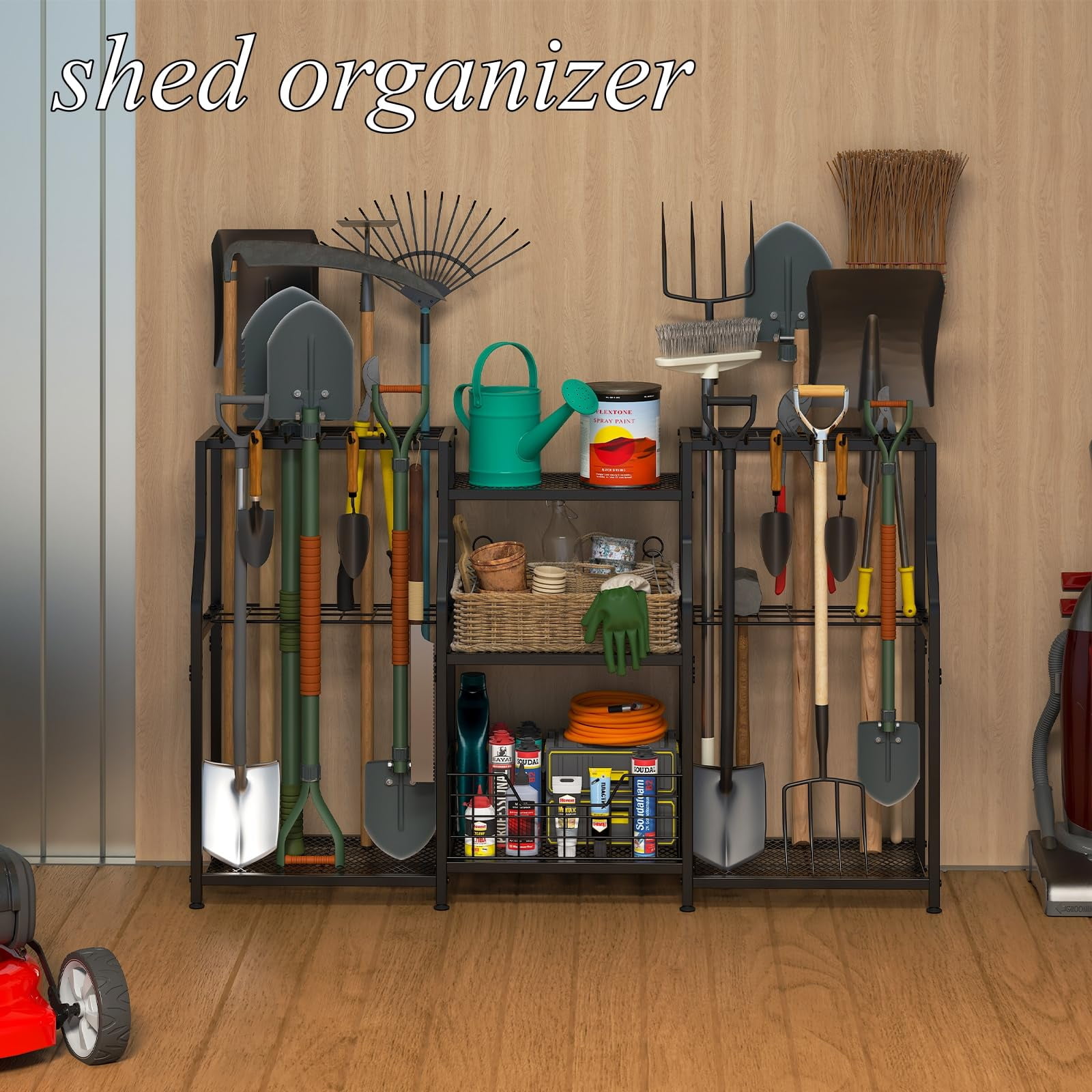 Garden Tool Organizer, Heavy Duty Yard Tool Tower Rack for Garage Organization and Storage, 3 Tier Utility Garden Tool Rack with hooks for Garden/Shed/Garage/Yard/Basement/Lawn