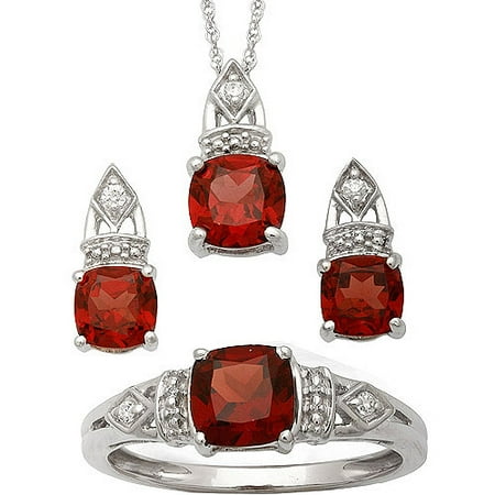 Amethyst Garnet Jewelry Set 3.84 Carat T.G.W. Garnet and CZ Sterling Silver Cushion-Cut Pendant, Earrings and Ring Set ()
