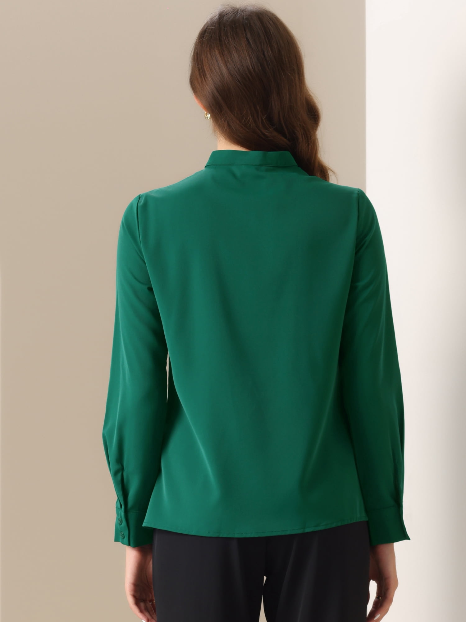DARING DIVA Women's Pleated Mock Neck Pearl Decor Work Blouses L Dark Green