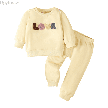 Dpytoraw Toddler Boys Girls Long Sleeve Letter Embroider T Shirt Pullover Tops Pants Outfits Back to school outfits 2026 Size Yellow 2-3 Years