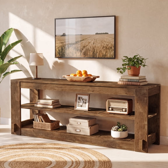 Tribesigns 63" Rustic Solid Wood TV Stand with 3-Tier Open Shelves, Farmhouse Media Console for TVs up to 70" in Living Room
