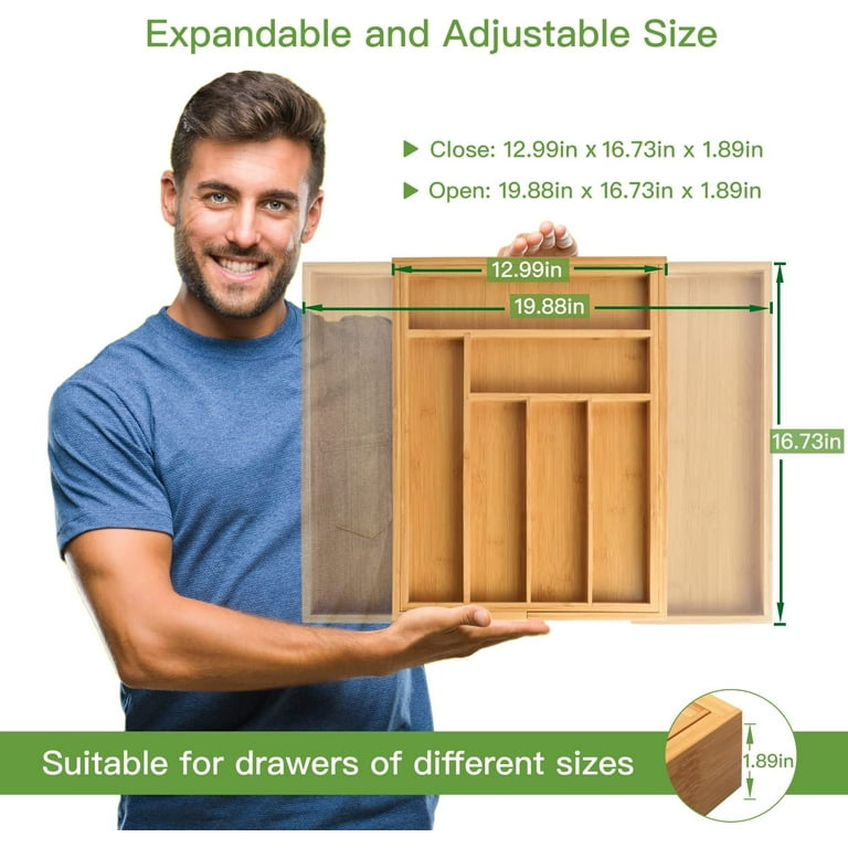 cLEANcLUE cleanclue expandable kitchen cabinet organizer for food storage  container lids, bamboo drawer caddy adjustable dividers, box