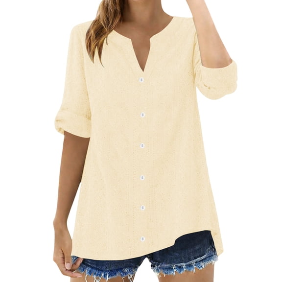MEICHEN Keyhole Neck Button Down Shirts for Women Fashion Solid Color Casual Loose Rolled Sleeve Tops Women's Blouses