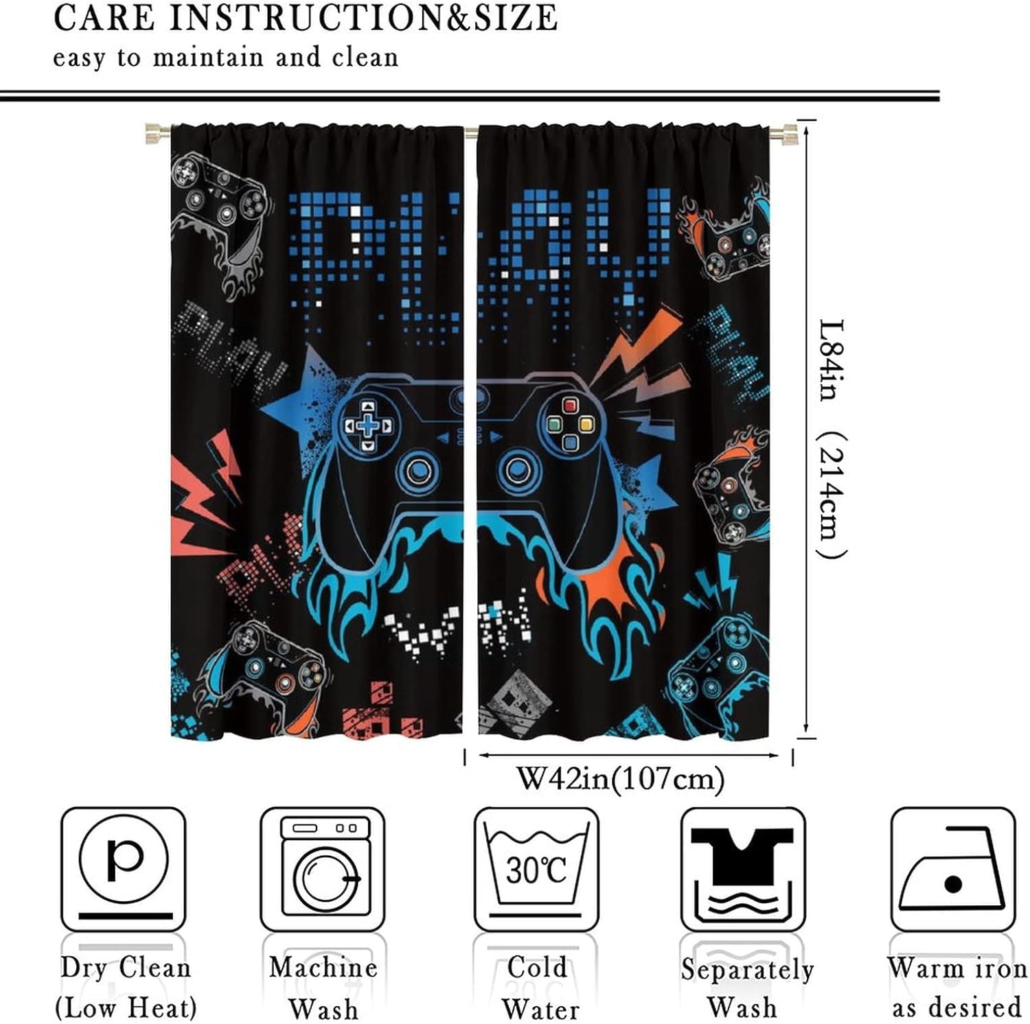 Gamepad Curtains for Kids Boys Girls Teens Colorful Game Controller Thermal Insulated Room Curtains for Living Room, 84x84 Inch Blackout