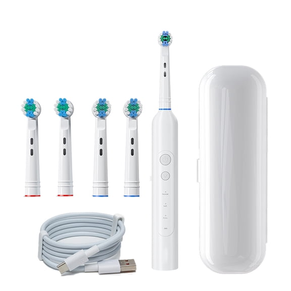 Rotating Electric Travel Toothbrush | 3 Modes, 2Min Timer, IPX7 Waterproof, USB-C | 4 Brush Heads and 1 Travel Case | Family & Braces Care, White