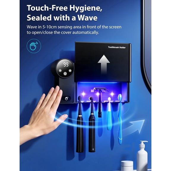 Toothbrush holder, wall-mounted toothbrush cleaner, fits most toothbrush sizes, features air drying function, LED smart screen and stylish black and gray appearance.