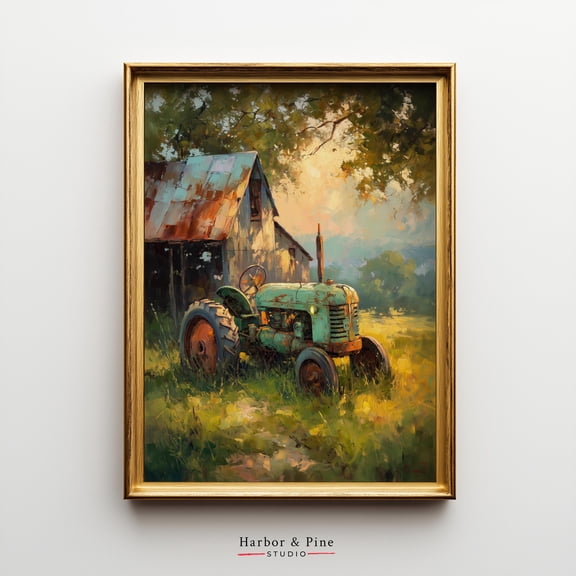 Weathered Green Tractor Wall Art – Vintage Farm Scene, Rustic Country Decor, Cottagecore Landscape Print, Barnyard Artwork UNFRAMED Poster, Wall Art for Decor, Present, 8x12