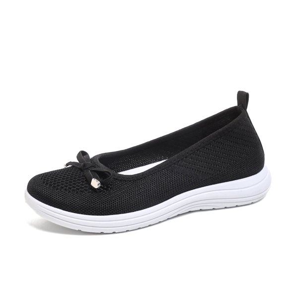 BOERTEU Women Breathable Knit Flat Walking Shoes, Bow Decor Slip On Casual Loafers, Lightweight Non Slip Platform Daily Sneakers