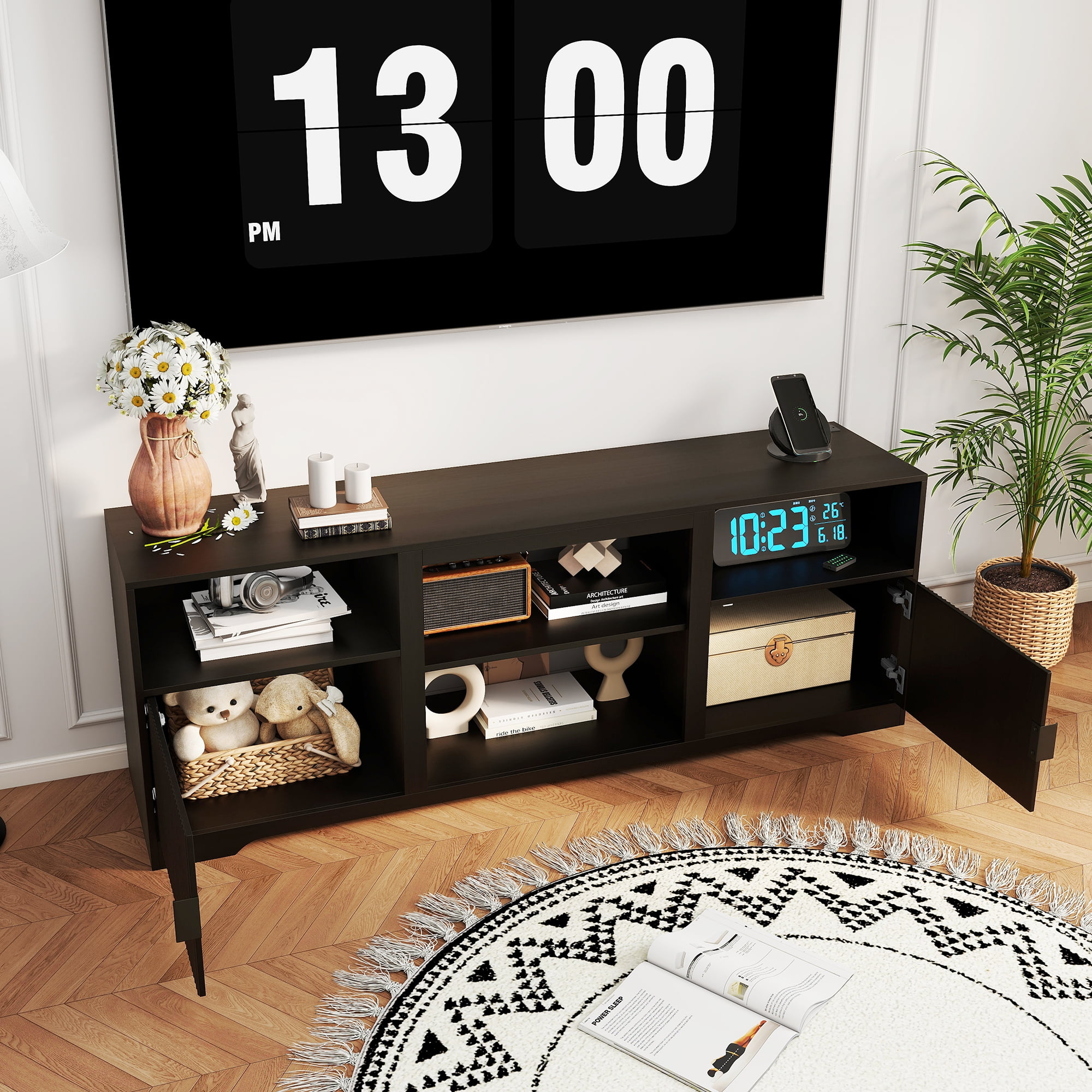 LUCKYELF Modern TV Stand for TVs up to 80", Entertainment Center with Storage, Media TV Console Table for Living Room, Bedroom, Black Color