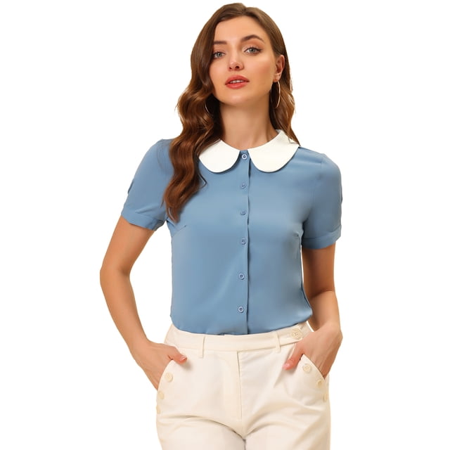 INSPIRE CHIC Blusa De Manga Corta Para Mujer Con Cuello Peter Pan En Contraste Negro XS INSPIRE CHIC Camisa