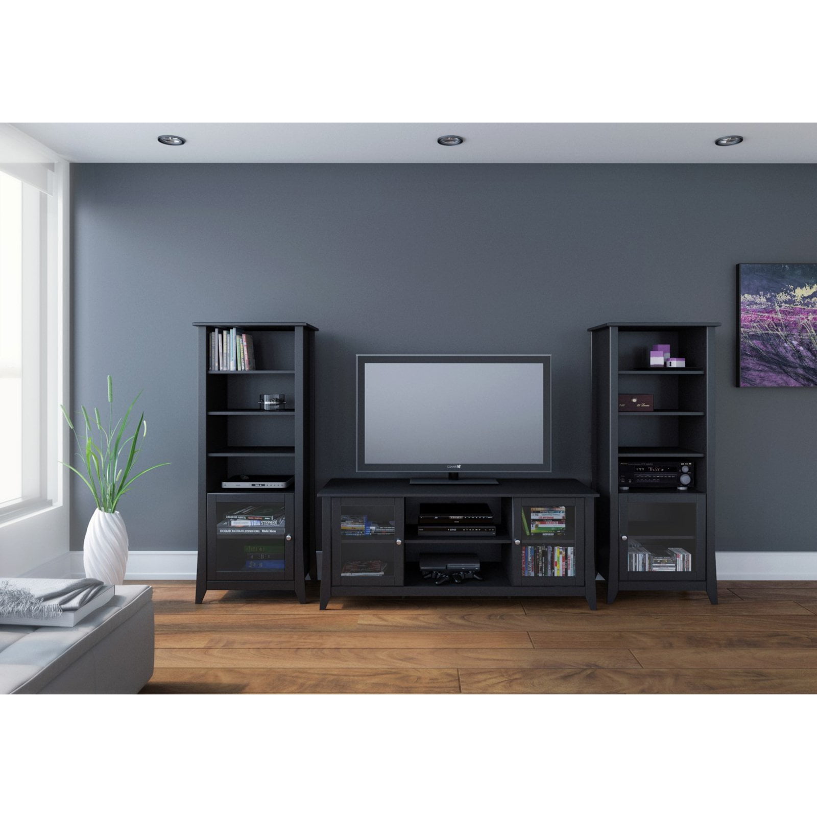 Megalak Finition Tuxedo 58 In Tv Console With Curio Cabinet Piers Megalak Finition Tuxedo 58 In Tv Console With Curio Cabinet Piers Black