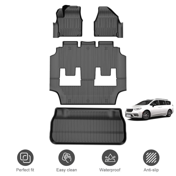 Full Set Fit for 2017-2026 Chrysler Pacifica 7 Passenger Model (Non Hybrid&Non Pinnacle) & 2020-2026 Voyager All-Weather TPE Protection Floor Mats & Cargo Liner