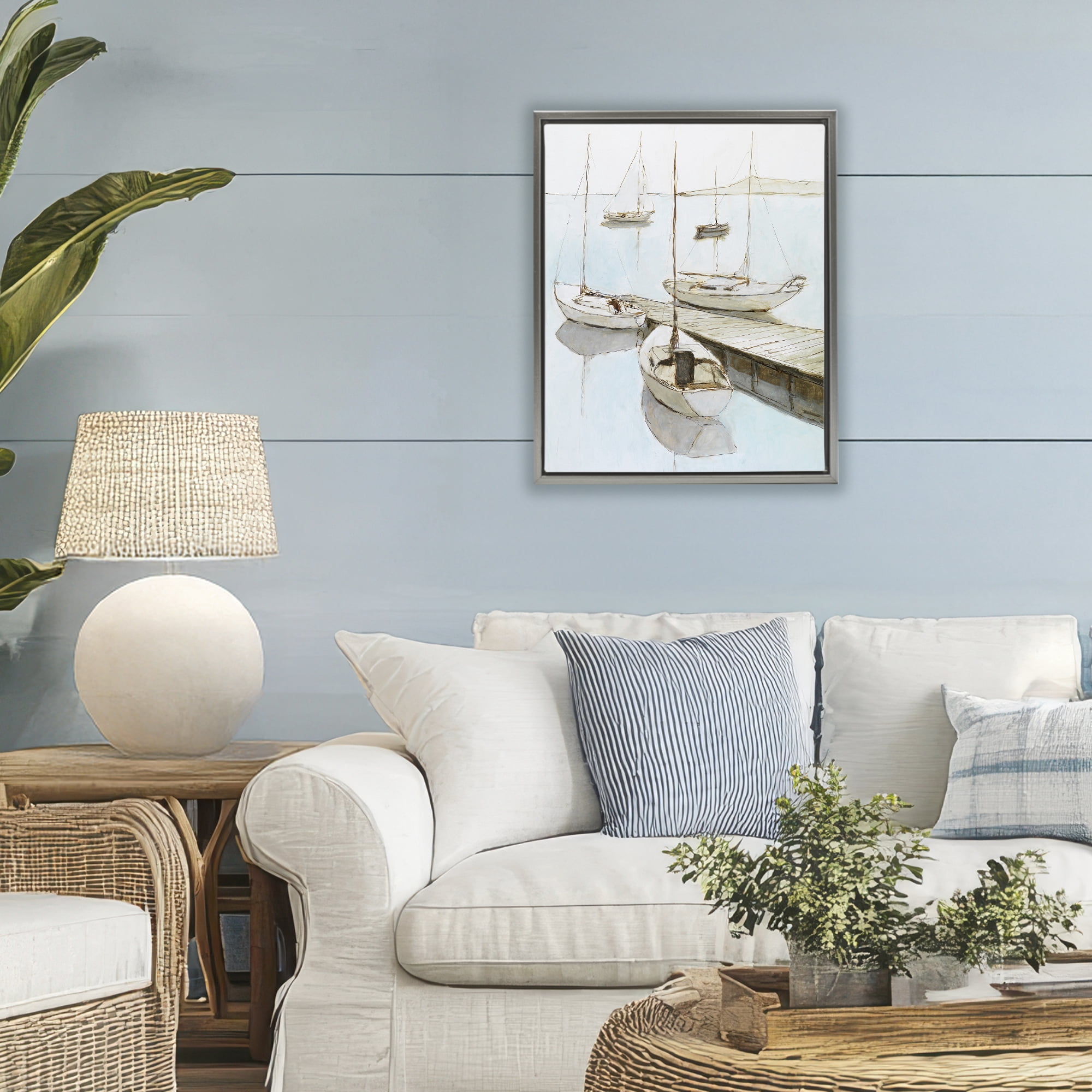 Stupell Industries Docked Sails Coastal Scene Gray Framed Floater Canvas Wall Art, design by Lorenzo Collective