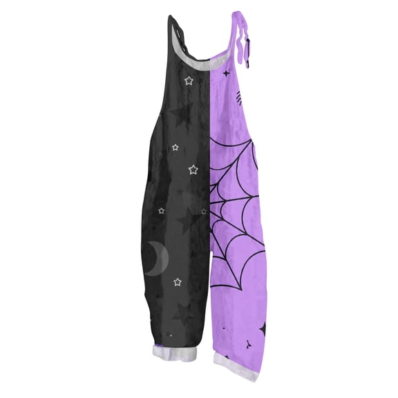JULMCOMO Cotton Linen Jumpsuits for Women Plus Size Halloween Spider Web Pumpkin Bat Printed Spaghetti Strap Jumpsuits Costume Holiday Overalls Dark Purple L