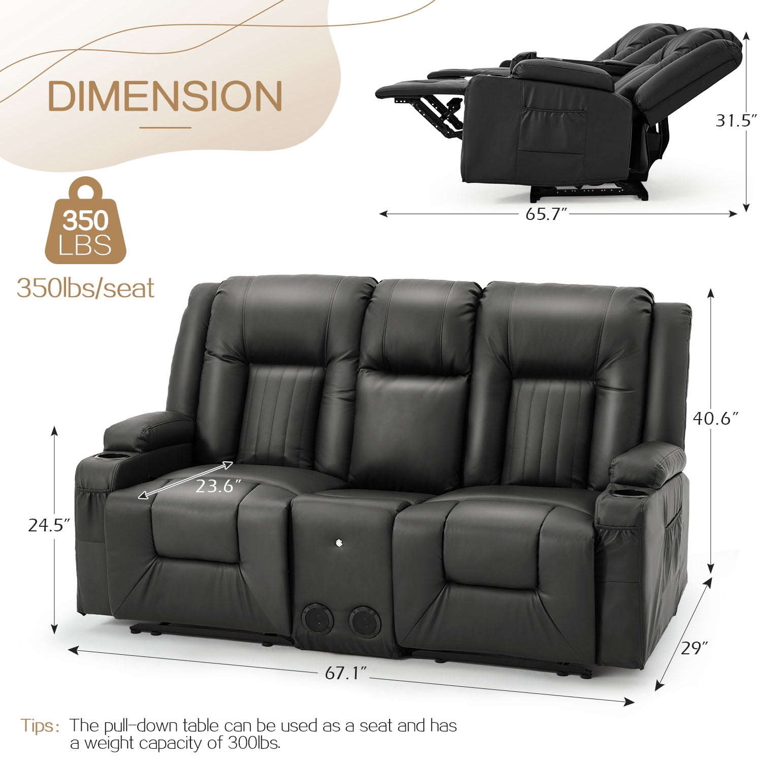 AECOJOY Loveseat Recliners with Console&Bluetooth Speakers, Recliner Chair Reclining Sofa with USB Ports&4 Cup Holders, 2 Side Pockets Wall Hugger Recliner Home Theater Seating, Fuax Leather, Black