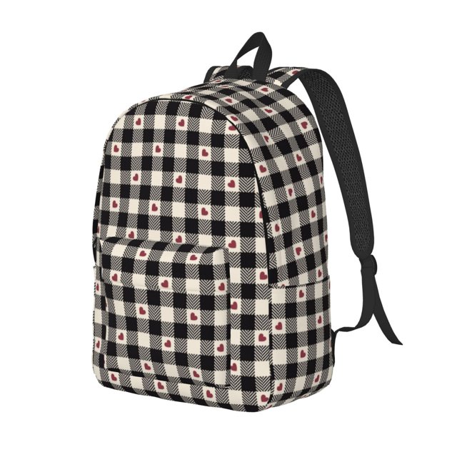 Fotbe Black Plaid Heart Mochila de Lona con Estampado, Mochila Duradera, Mochila Versátil de Alta Calidad, Mochila Compacta Vintage-Small